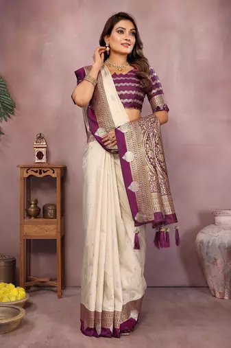 Beige handloom kalamkari silk blend saree with zari woven work