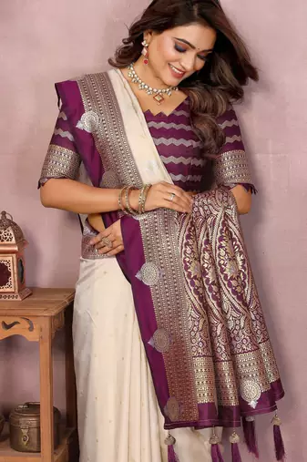 Beige handloom kalamkari silk blend saree with zari woven work