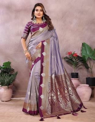 Lavender handloom kalamkari silk blend saree with zari woven work 1