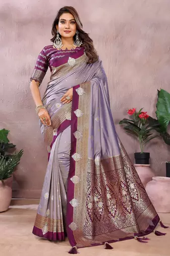 Lavender handloom kalamkari silk blend saree with zari woven work