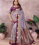 Lavender handloom kalamkari silk blend saree with zari woven work