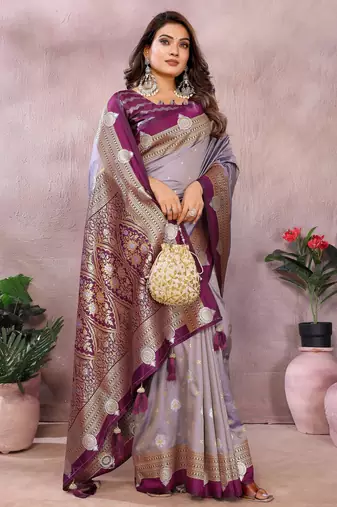 Lavender handloom kalamkari silk blend saree with zari woven work