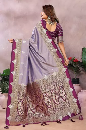 Lavender handloom kalamkari silk blend saree with zari woven work