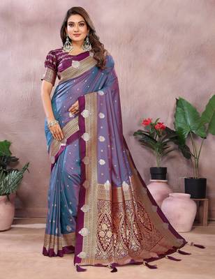 Purple handloom kalamkari silk blend saree with zari woven work 1