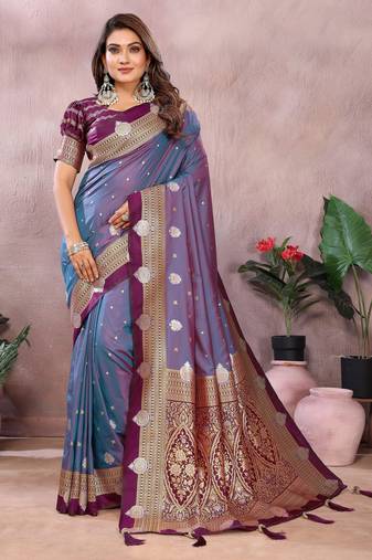Purple handloom kalamkari silk blend saree with zari woven work