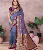 Purple handloom kalamkari silk blend saree with zari woven work
