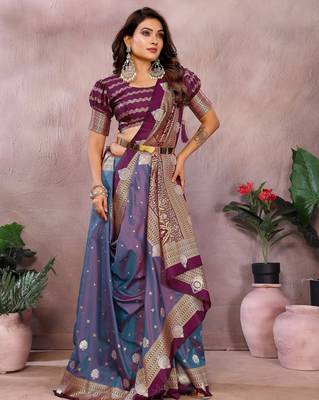 Purple handloom kalamkari silk blend saree with zari woven work 2