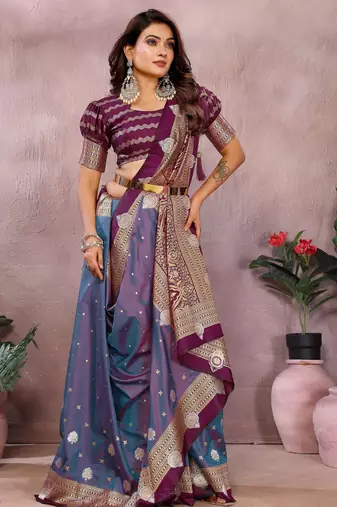Purple handloom kalamkari silk blend saree with zari woven work