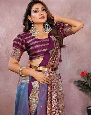 Purple handloom kalamkari silk blend saree with zari woven work 3