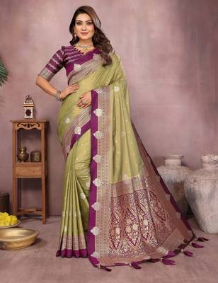 Olive handloom kalamkari silk blend saree with zari woven work 1