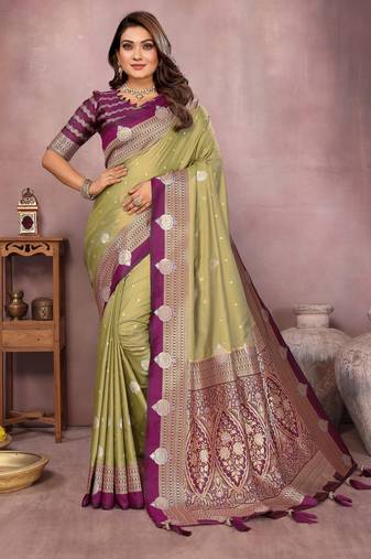 Olive handloom kalamkari silk blend saree with zari woven work