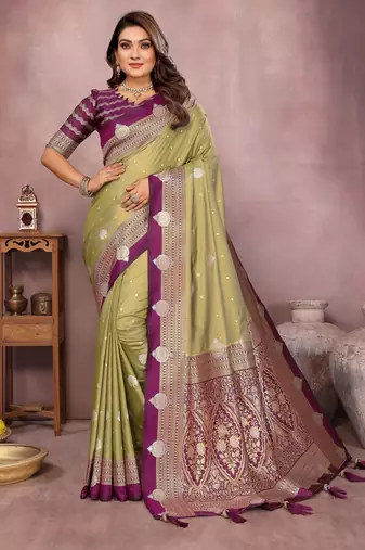 Olive handloom kalamkari silk blend saree with zari woven work