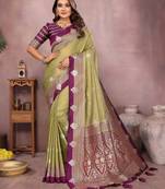 Olive handloom kalamkari silk blend saree with zari woven work