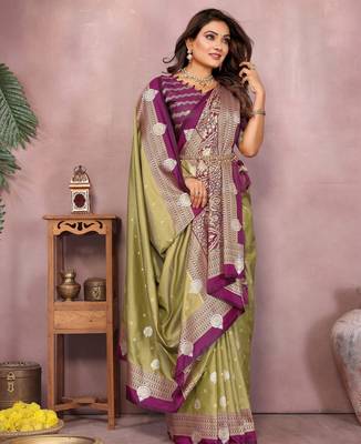 Olive handloom kalamkari silk blend saree with zari woven work 2