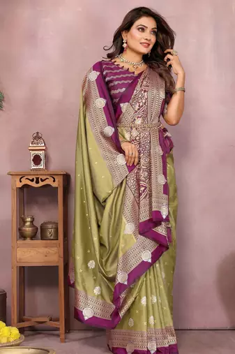 Olive handloom kalamkari silk blend saree with zari woven work