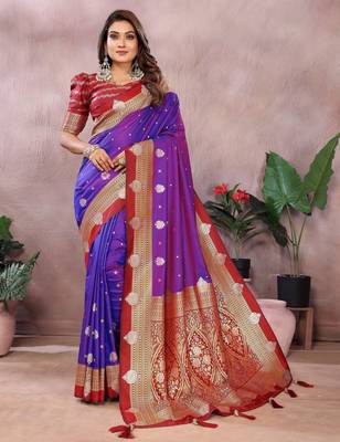 Violet handloom kalamkari silk blend saree with zari woven work 1