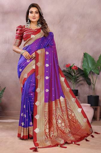 Violet handloom kalamkari silk blend saree with zari woven work
