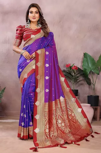 Violet handloom kalamkari silk blend saree with zari woven work