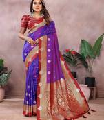 Violet handloom kalamkari silk blend saree with zari woven work