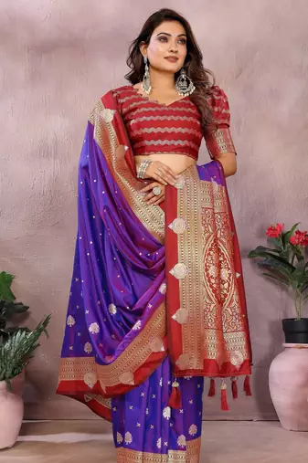 Violet handloom kalamkari silk blend saree with zari woven work
