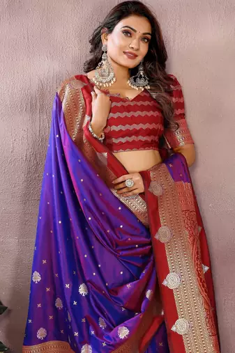 Violet handloom kalamkari silk blend saree with zari woven work