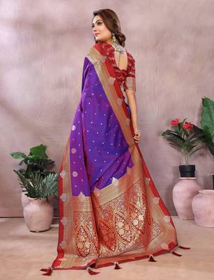 Violet handloom kalamkari silk blend saree with zari woven work 4