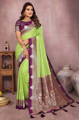 Parrot handloom kalamkari silk blend saree with zari woven work