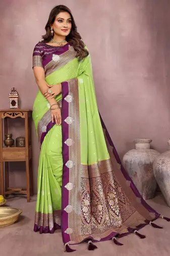 Parrot handloom kalamkari silk blend saree with zari woven work
