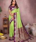 Parrot handloom kalamkari silk blend saree with zari woven work