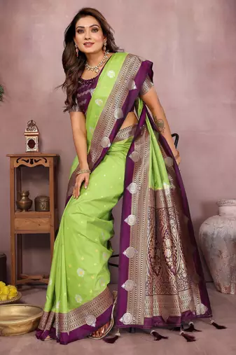 Parrot handloom kalamkari silk blend saree with zari woven work