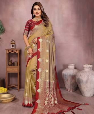 Gold handloom kalamkari silk blend saree with zari woven work 1