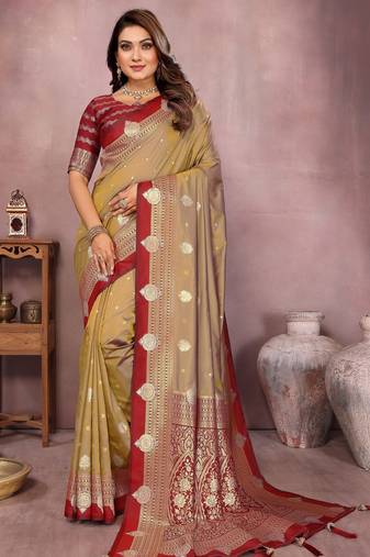 Gold handloom kalamkari silk blend saree with zari woven work