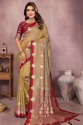 Gold handloom kalamkari silk blend saree with zari woven work