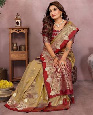 Gold handloom kalamkari silk blend saree with zari woven work 2