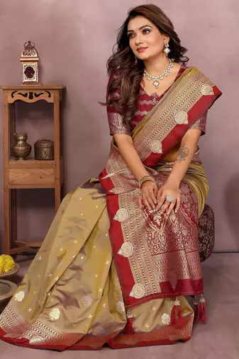 Gold handloom kalamkari silk blend saree with zari woven work