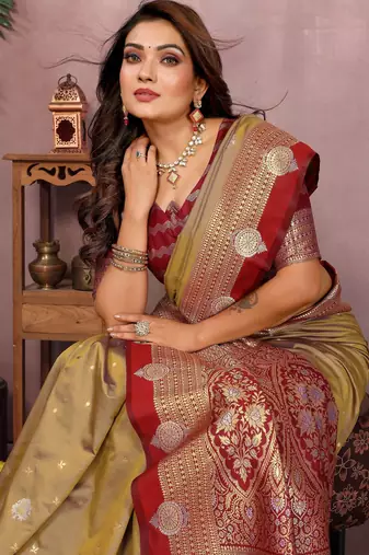 Gold handloom kalamkari silk blend saree with zari woven work
