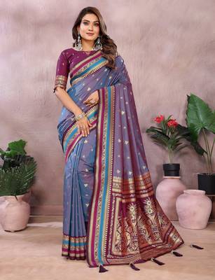 Dusty blue handloom kalamkari silk blend saree with zari woven work 1