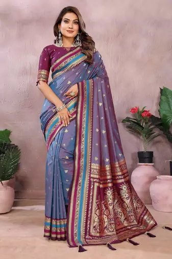 Dusty blue handloom kalamkari silk blend saree with zari woven work