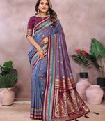 Dusty blue handloom kalamkari silk blend saree with zari woven work