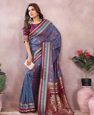 Dusty blue handloom kalamkari silk blend saree with zari woven work 2