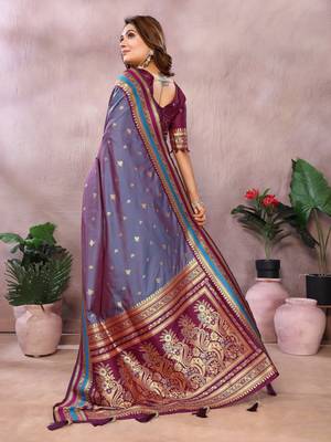 Dusty blue handloom kalamkari silk blend saree with zari woven work 4