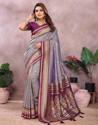 Purple handloom kalamkari silk blend saree with zari woven work 1