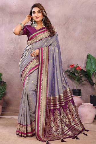 Purple handloom kalamkari silk blend saree with zari woven work