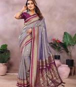 Purple handloom kalamkari silk blend saree with zari woven work