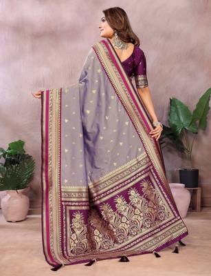 Purple handloom kalamkari silk blend saree with zari woven work 4