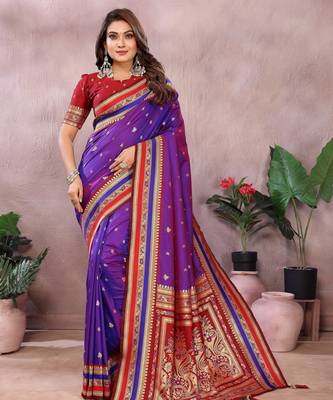 Violet handloom kalamkari silk blend saree with zari woven work 1