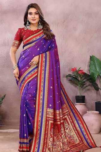 Violet handloom kalamkari silk blend saree with zari woven work