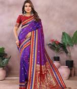 Violet handloom kalamkari silk blend saree with zari woven work