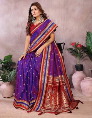 Violet handloom kalamkari silk blend saree with zari woven work 2
