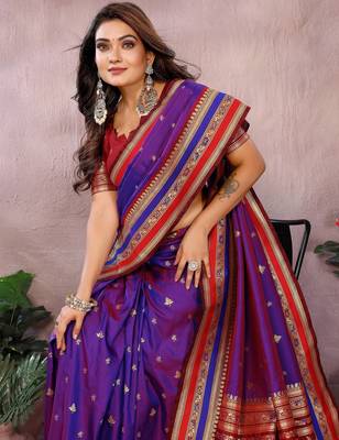 Violet handloom kalamkari silk blend saree with zari woven work 3